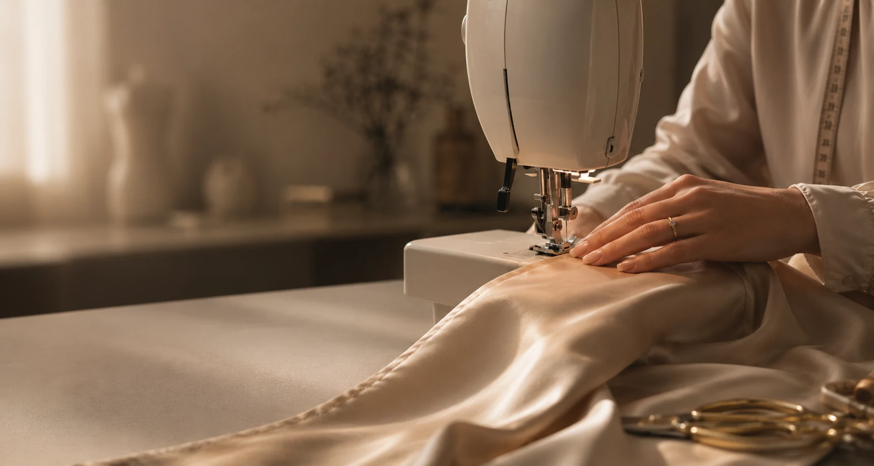 Hands guiding champagne silk through a sewing machine in warm studio light